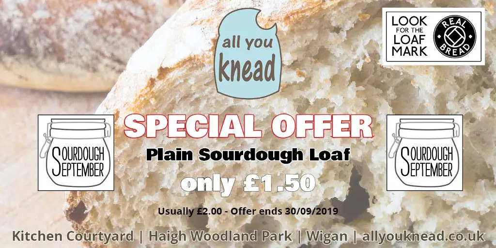 a special offer notification promoting sourdough September at all you knead