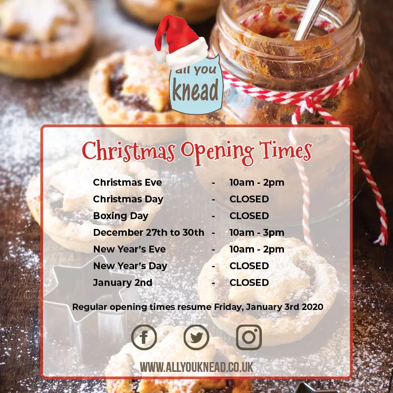 christmas opening times at All Yoou Knead, Lancashire bakery and cafe.